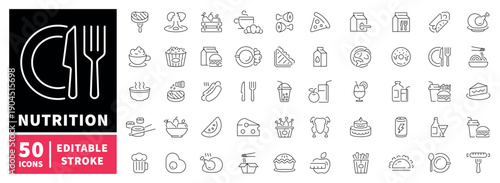 Nutrition editable line icons set. Food and diet symbols