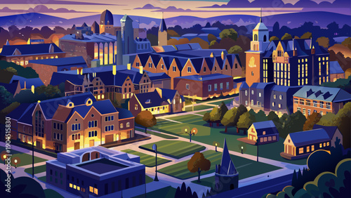 Very beautiful aerial twilight view of Yale residential college buildings illuminated at night, capturing a balance between historic campus life and the surrounding urban environment.