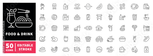 Food and drink editable line icons set. Culinary and beverage symbols