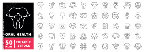 Dental care editable line icons set. Oral health and hygiene symbols