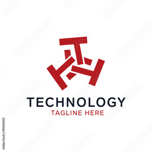 Modern technology logo design with abstract geometric shapes and bold red color scheme.