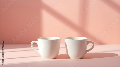 Wallpaper Mural Two white coffee cups on a pink surface with soft shadows, viewed from the front. Torontodigital.ca