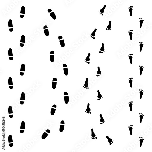 Human footprints and shoe prints vector path collection isolated on transparent background. Movement patterns for concepts involving journeys, mystery, forensic investigation, hiking, or progress