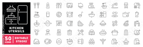 Kitchen utensils editable line icons set. cooking and appliance symbols