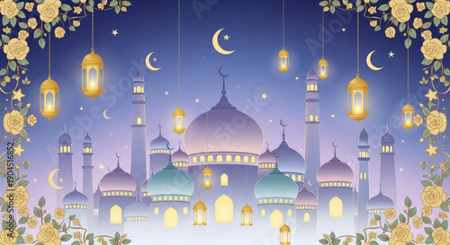 Beautiful mosque at night with glowing lanterns and crescent moons