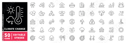 Climate change editable line icons set. weather and environment symbols