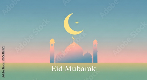 Eid Mubarak celebration with mosque silhouette at sunset