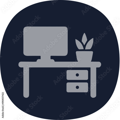 Simple Grey Office Desk with Computer and Plant Illustration Icon