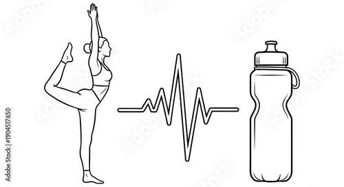 A fit woman practicing yoga with a water bottle and a heartbeat line in a minimalist vector illustration