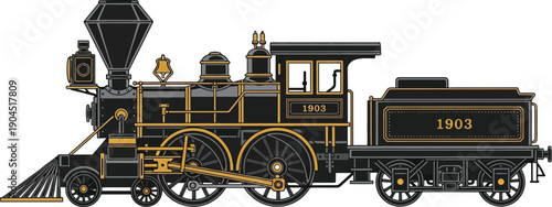 Black vintage steam train locomotive with gold trim on white background