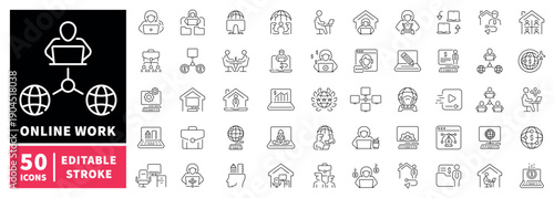 Online work editable line icons set. remote and digital job symbols