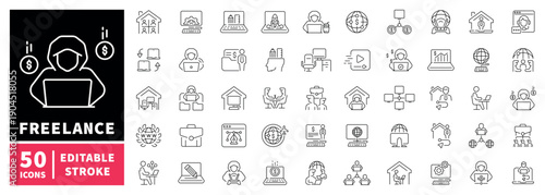 Freelance and remote work editable line icons set. digital and home office style