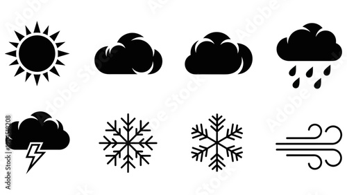 A set of weather icons including sun, clouds, rain, snow, and wind symbols in a flat, minimal design style.