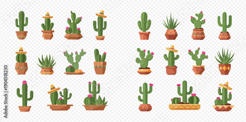Collection of various potted cactus and succulent plants, some with flowers or sombreros, in flat cartoon style.