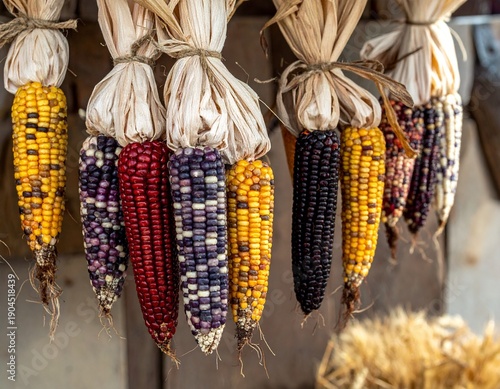 Epis de maïs multicolores suspendus. Generated Image. 