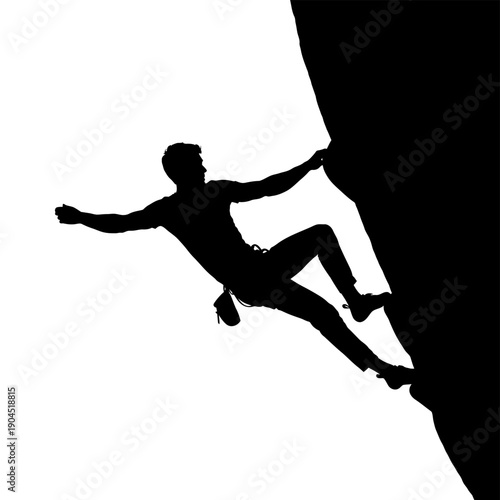 Silhouette of a rock climber ascending a steep cliff face.