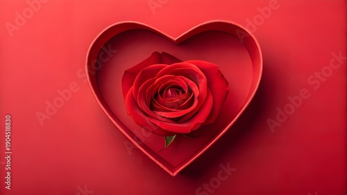 Red rose in heart shaped box on red background; Valentinesday baackground.