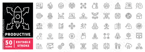 Productivity editable line icons set. workflow and efficiency graphics