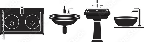 Bathroom and kitchen sink silhouette set with basin, faucet and wash fixtures isolated on white background for plumbing and interior design