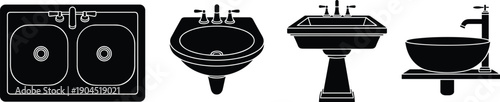 Bathroom and kitchen sink silhouette icon collection with basin, faucet and washbowl fixtures isolated on white background for plumbing design