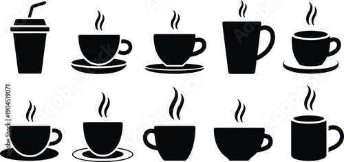 Black coffee cup silhouettes set including mug, espresso, takeaway and cappuccino icons isolated on white background for cafe branding design