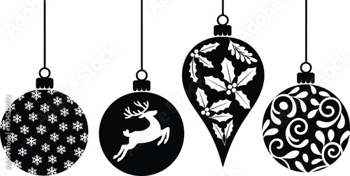 Black Christmas ornament silhouette set with reindeer snowflake holly and floral patterns isolated on white background for holiday decoration design