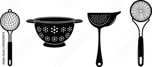 Black kitchen utensil silhouette set including colander strainer skimmer and ladle isolated on white background for cooking tool design use
