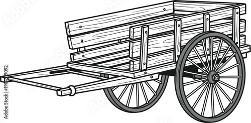 Wooden Cart with Wheels, a Vintage Hand-Drawn Illustration on White