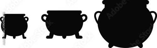 Cauldron pot silhouette collection with different cooking and witchcraft kettle shapes isolated on white background for kitchen and Halloween design