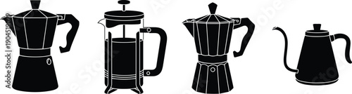 Coffee maker and kettle silhouette collection including moka pot, french press and teapot isolated on white background for kitchen design