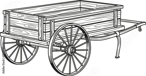 Wooden wagon with spoked wheels on a plain background, vector drawing