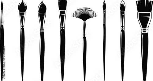 Makeup brush silhouette collection including powder, blush, fan and liner cosmetic tools isolated on white background for professional beauty designMakeup brush silhouette