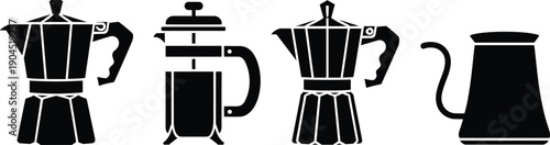 Moka pot, french press and coffee kettle silhouette set isolated on white background for kitchen brewing and beverage preparation design