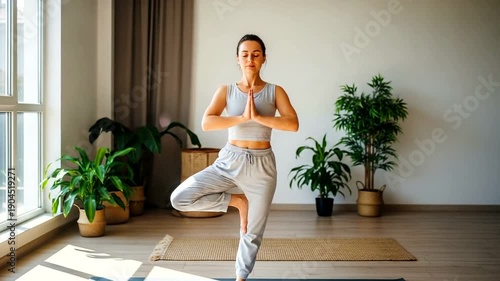 Woman Practicing Yoga in Serene Indoor Setting.