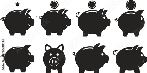 Piggy bank silhouette icon collection with coins and cute cartoon savings symbols isolated on white background for finance design use