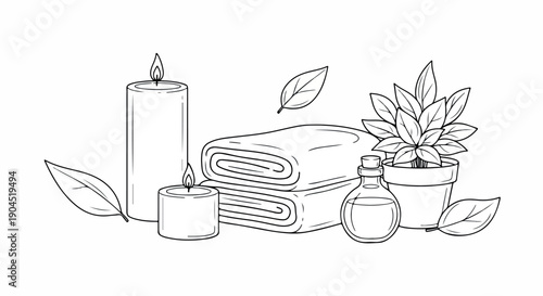 Line drawing of a spa setup with a candle, towel, plant, and bottles on a white background.