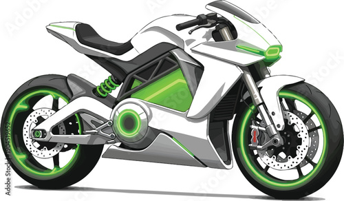 Futuristic electric motorcycle with green neon lights on white background