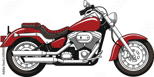 Red vintage motorcycle with brown leather seat on a white background