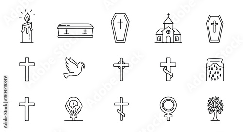 A flat lay of various religious and mourning icons, including crosses, a church, coffin, and dove, on a plain white background.