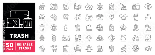 Trash and recycling editable line icons set. waste and environment symbols