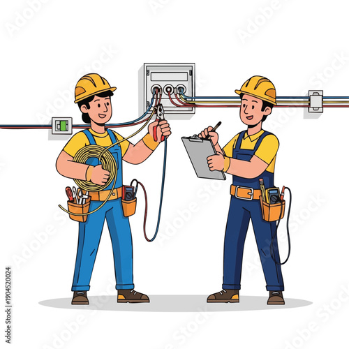 Two Electricians Installing Wiring in Electrical Panel Box. Maintenance, Repair, and Professional Service Team Illustration.