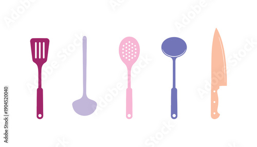 A set of kitchen utensils in various colors

