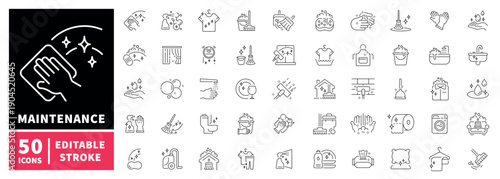 Maintenance editable line icons set. cleaning and hygiene symbols