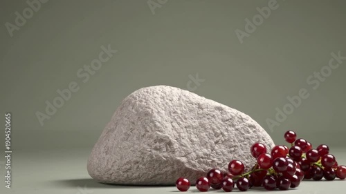 A still life arrangement featuring a textured, light gray stone juxtaposed closely beside vibrant clusters of deep red table grapes on a muted surface for dramatic contrast.