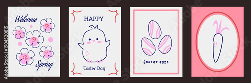 Happy easter day greeting card set. Hand drawn of flat outline cartoon with cute flowers, eggs, chick, typography on colorful background. Vector illustration for vertical poster, banner, social media.