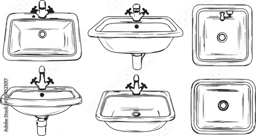 Assorted bathroom sink designs with varying shapes and faucet placements