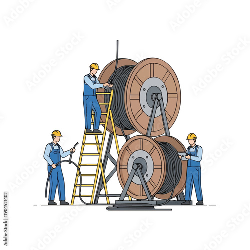 Line Art Illustration of Electricians Deploying Heavy Cable from Industrial Spools. Telecommunication & Infrastructure Installation Teamwork Concept.