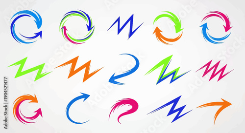 A vibrant collection of abstract arrows, circular symbols, and dynamic zigzag lines in various colors.