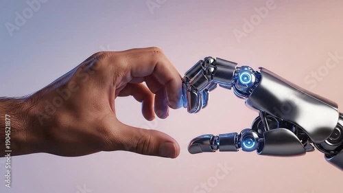 Close-up of a realistic human hand reaching toward a detailed, metallic robotic prosthetic limb symbolizing the future connection between man and machine technology.