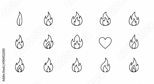 A minimalist line art illustration of various flame icons and a heart symbol on a clean white background with simple black outlines.